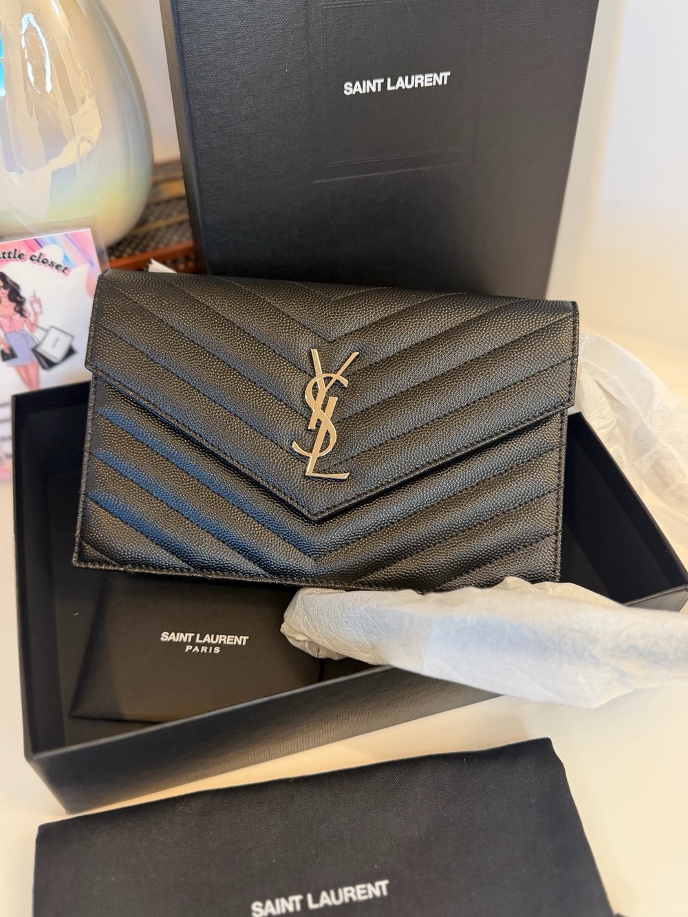 🎀 YSL Monogram Large Wallet on Chain in Grained Leather